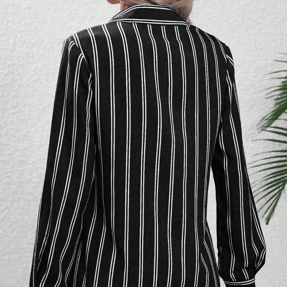 Black Casual Women's Striped Print Button Front Shirt - Picture 2 of 6